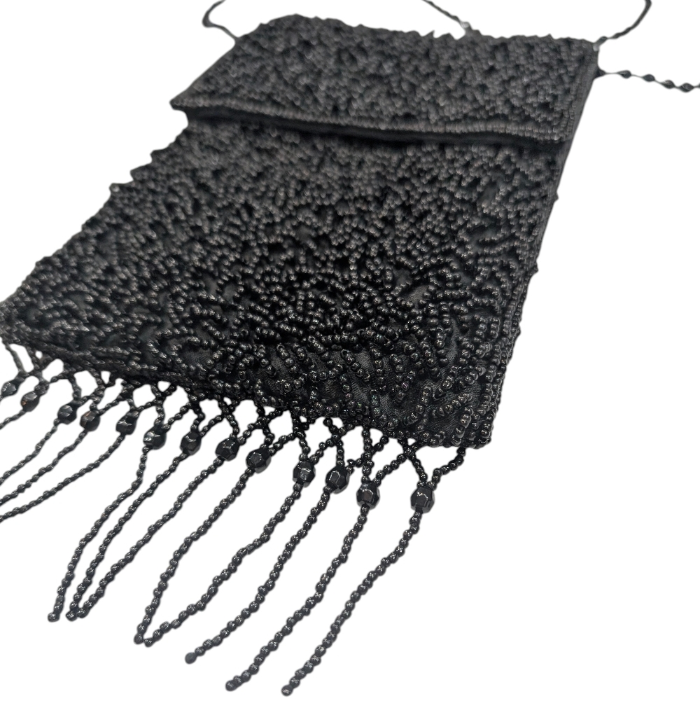 Kohls Small Black Beaded, Fringed, Crossbody Shoulder Purse Evening Bag.